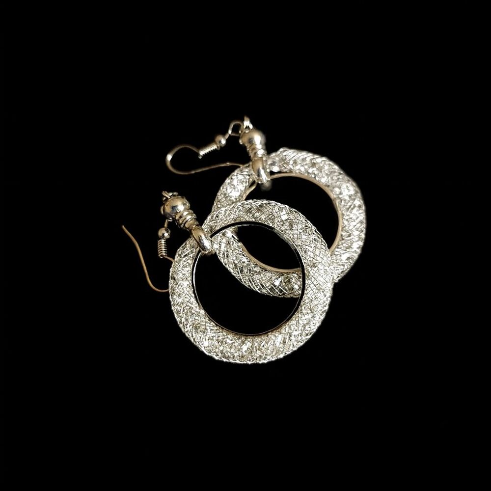 Trendz Silver Tone Metal Mesh Colorless Rhinestones Hoop Dangle Drop Earrings